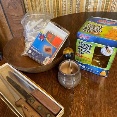 Bee trap, copper bowl and knives