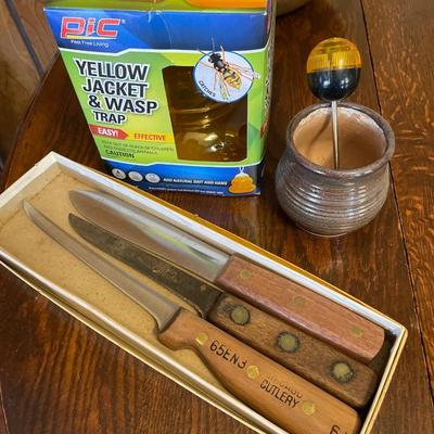 Bee trap, copper bowl and knives