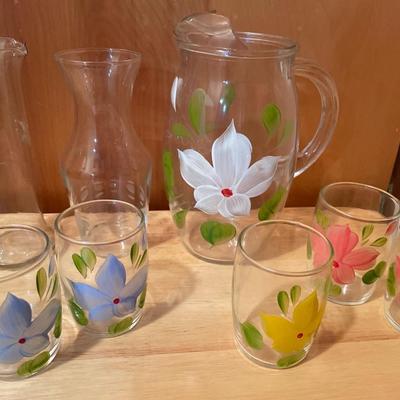 Painted pitcher and glass set with etched vases