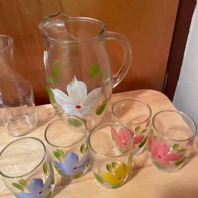 Painted pitcher and glass set with etched vases