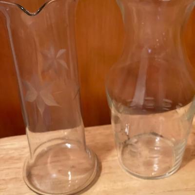 Painted pitcher and glass set with etched vases