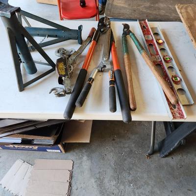 Tool Lot Car Jack Stands Levels, Pruners ,Cable Winch Puller