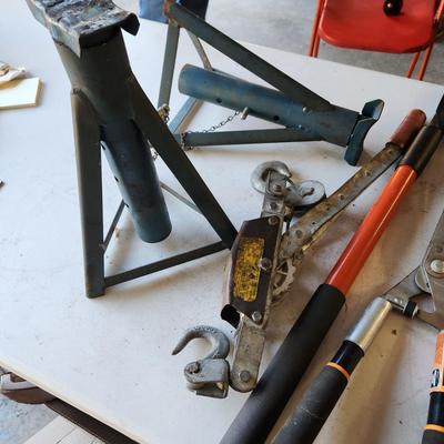 Tool Lot Car Jack Stands Levels, Pruners ,Cable Winch Puller