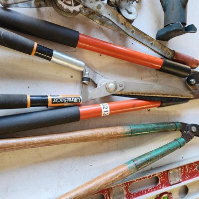 Tool Lot Car Jack Stands Levels, Pruners ,Cable Winch Puller