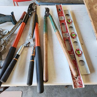 Tool Lot Car Jack Stands Levels, Pruners ,Cable Winch Puller