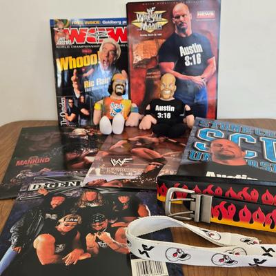 LOT 20B: WWF Folders, Lanyard, Figures, Poster, Flame Belt, & WCW Magazine