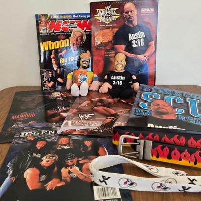 LOT 20B: WWF Folders, Lanyard, Figures, Poster, Flame Belt, & WCW Magazine