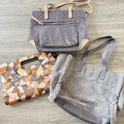 LOT 62B: Handbag Collection: Grey Ugg, Jones New York Signature Logo Print & Structured Geometric Pattern