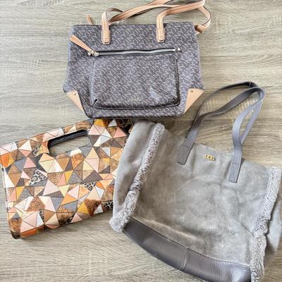 LOT 62B: Handbag Collection: Grey Ugg, Jones New York Signature Logo Print & Structured Geometric Pattern