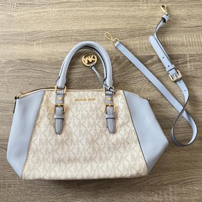 LOT 67W: New Michael Kors Blue & White Logo Print Ciara Large Zip Top Leather Satchel