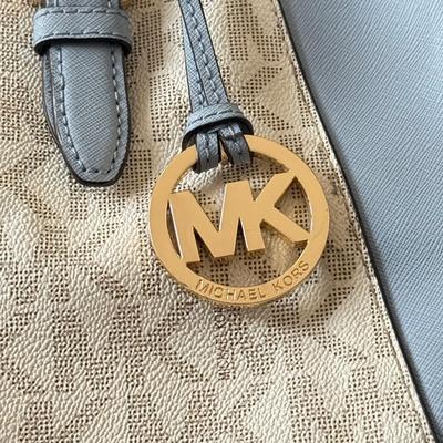 LOT 67W: New Michael Kors Blue & White Logo Print Ciara Large Zip Top Leather Satchel