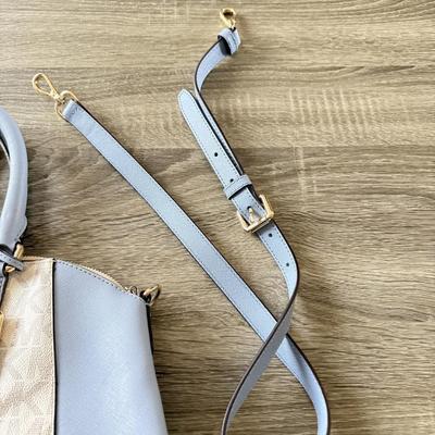 LOT 67W: New Michael Kors Blue & White Logo Print Ciara Large Zip Top Leather Satchel