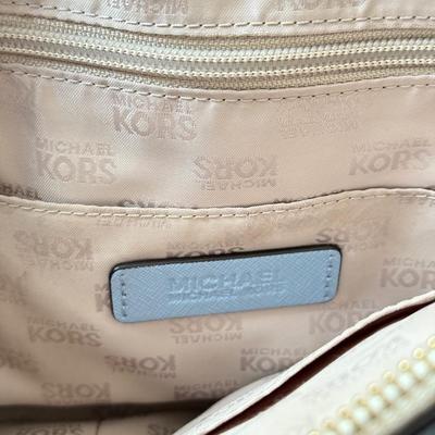 LOT 67W: New Michael Kors Blue & White Logo Print Ciara Large Zip Top Leather Satchel
