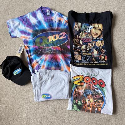 LOT 131B: 2003 Tie Dye Q102 Q Concert 14 Tweeter Center Shirt (Medium), Concert 2000 T-Shirt, Black Q14 T-Shirt (XL), QConcert 2000...