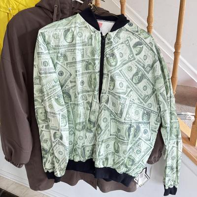 LOT 132L: Collection of Jackets: Pride Products Money Print, NWT Fleet Street (Small), Yellow Adidas (M), Columbia (18/20), Tommy...