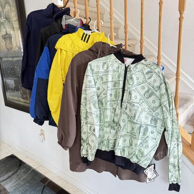 LOT 132L: Collection of Jackets: Pride Products Money Print, NWT Fleet Street (Small), Yellow Adidas (M), Columbia (18/20), Tommy...
