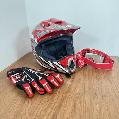 LOT 139A: Red THH TX10 Motocross Helmet (Size XL 61-62cm) w/ Matching Solo Gloves (XXL-12) & Scott Goggles
