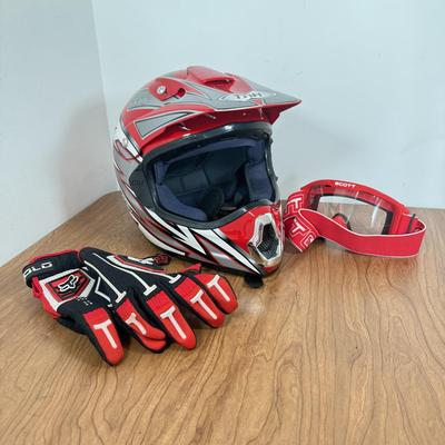 LOT 139A: Red THH TX10 Motocross Helmet (Size XL 61-62cm) w/ Matching Solo Gloves (XXL-12) & Scott Goggles