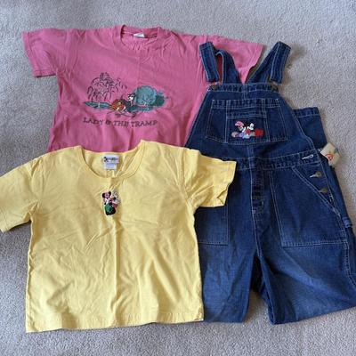 LOT 172A: NWT Disney Embroidered Mickey & Minnie Denim Overalls (Medium), WDW Sleepwear Embroidered Minnie Hula T-Shirt (Small) &...