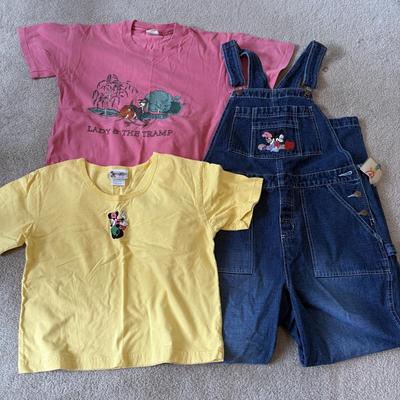 LOT 172A: NWT Disney Embroidered Mickey & Minnie Denim Overalls (Medium), WDW Sleepwear Embroidered Minnie Hula T-Shirt (Small) &...
