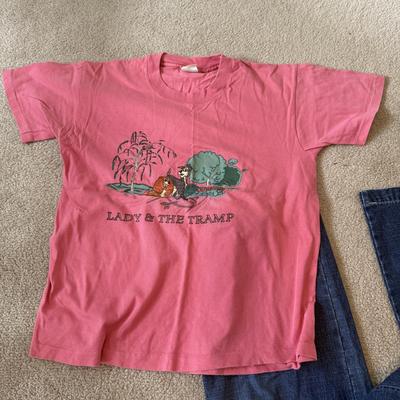 LOT 172A: NWT Disney Embroidered Mickey & Minnie Denim Overalls (Medium), WDW Sleepwear Embroidered Minnie Hula T-Shirt (Small) &...