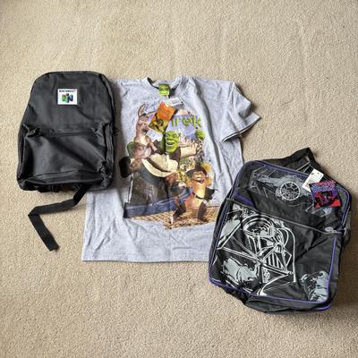 LOT 190B: New Nintendo 64 Backpack, NWT Star Wars Darth Vader Backpack & NWT Shrek 2 T-Shirt (Youth Large)