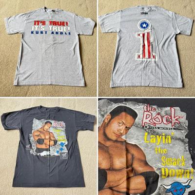 LOT 193B: 1999 WWF The Rock T-Shirt & 2000 WWF Kurt Angle T-Shirt (Medium)