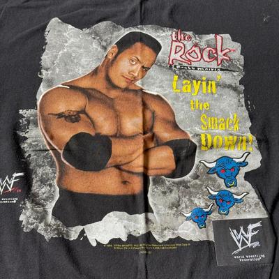 LOT 193B: 1999 WWF The Rock T-Shirt & 2000 WWF Kurt Angle T-Shirt (Medium)