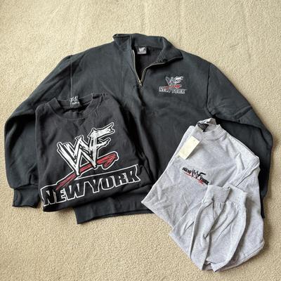 LOT 194B: WWF New York Clothing Collection: Medium T-Shirt, 1999 NWT Long Sleeve w/ Embroidered Logo (Medium) & 1999 Zip Sweatshirt