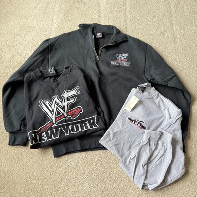 LOT 194B: WWF New York Clothing Collection: Medium T-Shirt, 1999 NWT Long Sleeve w/ Embroidered Logo (Medium) & 1999 Zip Sweatshirt