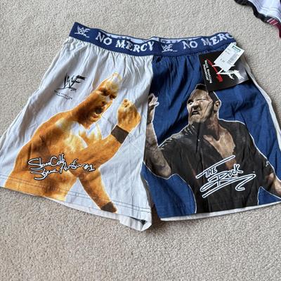 LOT 195B: NWT WWF Size Large Boxers (Stone Cold Steve Austin & The Rock) w/ Deadman Inc Beanie