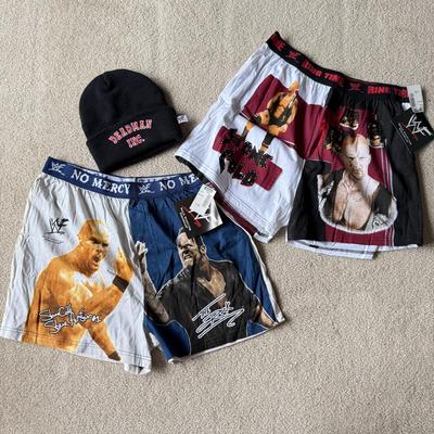 LOT 195B: NWT WWF Size Large Boxers (Stone Cold Steve Austin & The Rock) w/ Deadman Inc Beanie