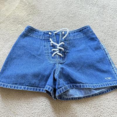 LOT 209L: Physique Body Wear Blue Camo Pants (M) w/ Jeans & Shorts: Old Navy The Diva Star Print (12), OP Lace Up (5), Snake Print...