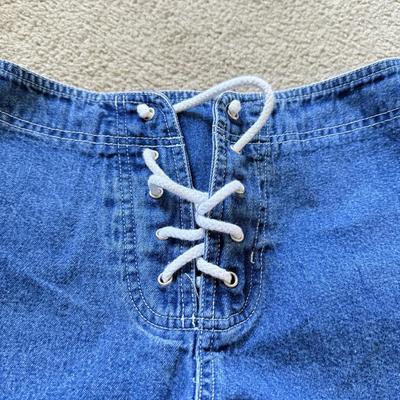 LOT 209L: Physique Body Wear Blue Camo Pants (M) w/ Jeans & Shorts: Old Navy The Diva Star Print (12), OP Lace Up (5), Snake Print...