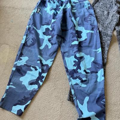LOT 209L: Physique Body Wear Blue Camo Pants (M) w/ Jeans & Shorts: Old Navy The Diva Star Print (12), OP Lace Up (5), Snake Print...