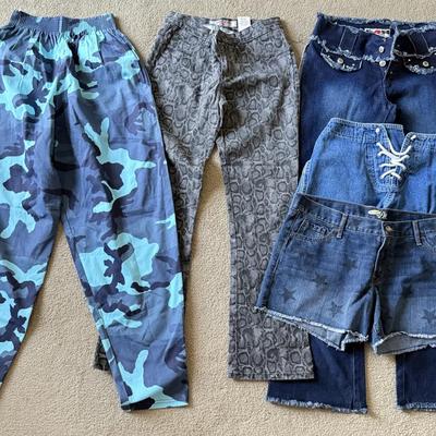 LOT 209L: Physique Body Wear Blue Camo Pants (M) w/ Jeans & Shorts: Old Navy The Diva Star Print (12), OP Lace Up (5), Snake Print...