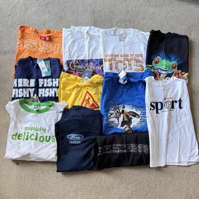 LOT 214A: T-Shirts, Some NWT: Guess, Napoleon Dynamite, Crown Royal 2000, Looney Tunes Tasmanian Devil Motocross Tank (M), Bass Fishing,...