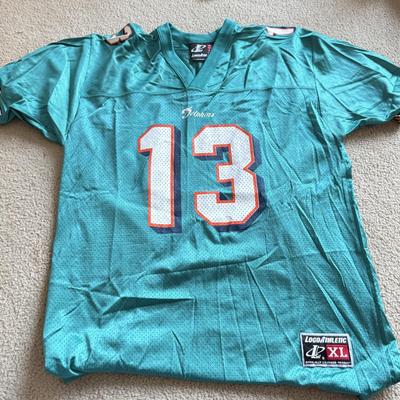 LOT 216A: NFL Team Merch: Green Bay Packers (Shirts, Jersey, Sweatpants), Miami Dolphins (Bedazzled Tee, Dan Marino Starter T, Jersey),...