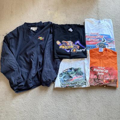 LOT 219B: Automotive / Racing Clothing: Embroidered Sunoco Long Sleeve (L), 2003 NASCAR Tour T-Shirts (XL), Monster Jam T-Shirt (XL)...