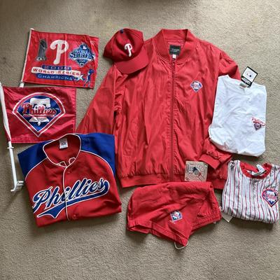LOT 224L: MLB Philadelphia Phillies Fandom Collection: NWT Windbreaker (XL), #25 Jim Thome True Fan Jersey (L), T-Shirts, Hat & Car...
