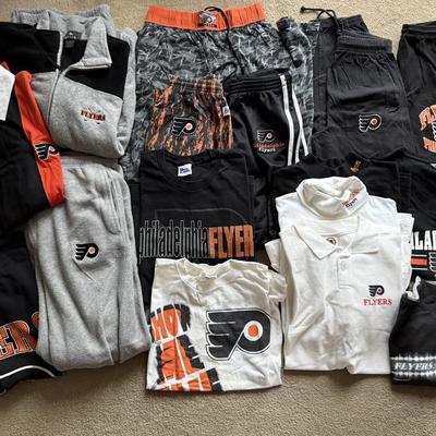 LOT 228L: NHL Philadelphia Flyers Clothing: PJ Pants, Sweat Suit, Polo, Muscle Tees, NWT & More