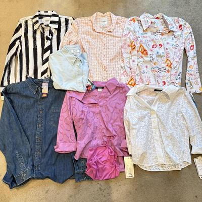 LOT 235L: NWT Ladies' Luella Collared Shirts, G. Lance Petite Sheer Shirts & Men's Route 66 Denim Button Up (Large)