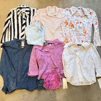 LOT 235L: NWT Ladies' Luella Collared Shirts, G. Lance Petite Sheer Shirts & Men's Route 66 Denim Button Up (Large)