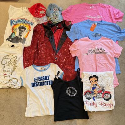 LOT 240B: Glitz 'n Glam: NWT Easily Distracted Girls Tee (L), Size XL Red Sequin Jacket w/ Matching Bowtie, HOPE Beaded Denim Hat,...