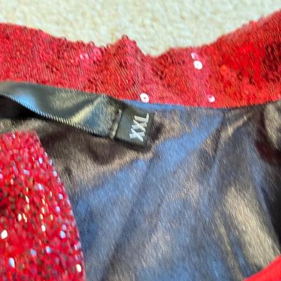 LOT 240B: Glitz 'n Glam: NWT Easily Distracted Girls Tee (L), Size XL Red Sequin Jacket w/ Matching Bowtie, HOPE Beaded Denim Hat,...
