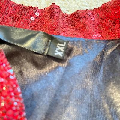 LOT 240B: Glitz 'n Glam: NWT Easily Distracted Girls Tee (L), Size XL Red Sequin Jacket w/ Matching Bowtie, HOPE Beaded Denim Hat,...