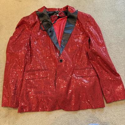 LOT 240B: Glitz 'n Glam: NWT Easily Distracted Girls Tee (L), Size XL Red Sequin Jacket w/ Matching Bowtie, HOPE Beaded Denim Hat,...