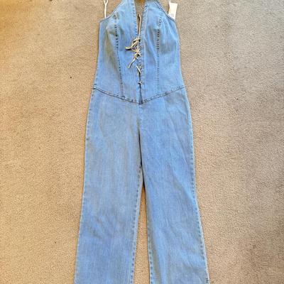 LOT 247B: NWT: Juniors Size L Denim Halter Jumpsuit, Authentic Collection Stretch Lei Jeans, Rave Flare Pants, Brown XOXO Pants, Red...
