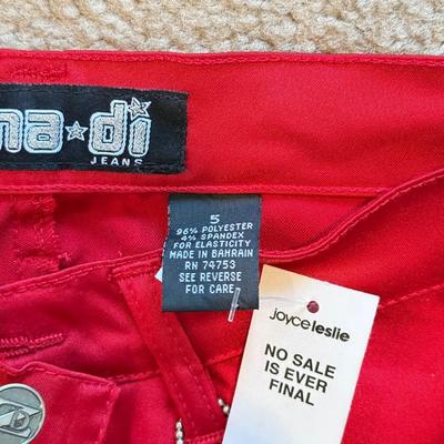 LOT 247B: NWT: Juniors Size L Denim Halter Jumpsuit, Authentic Collection Stretch Lei Jeans, Rave Flare Pants, Brown XOXO Pants, Red...