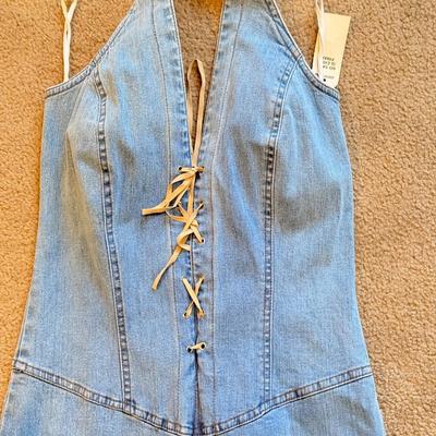LOT 247B: NWT: Juniors Size L Denim Halter Jumpsuit, Authentic Collection Stretch Lei Jeans, Rave Flare Pants, Brown XOXO Pants, Red...
